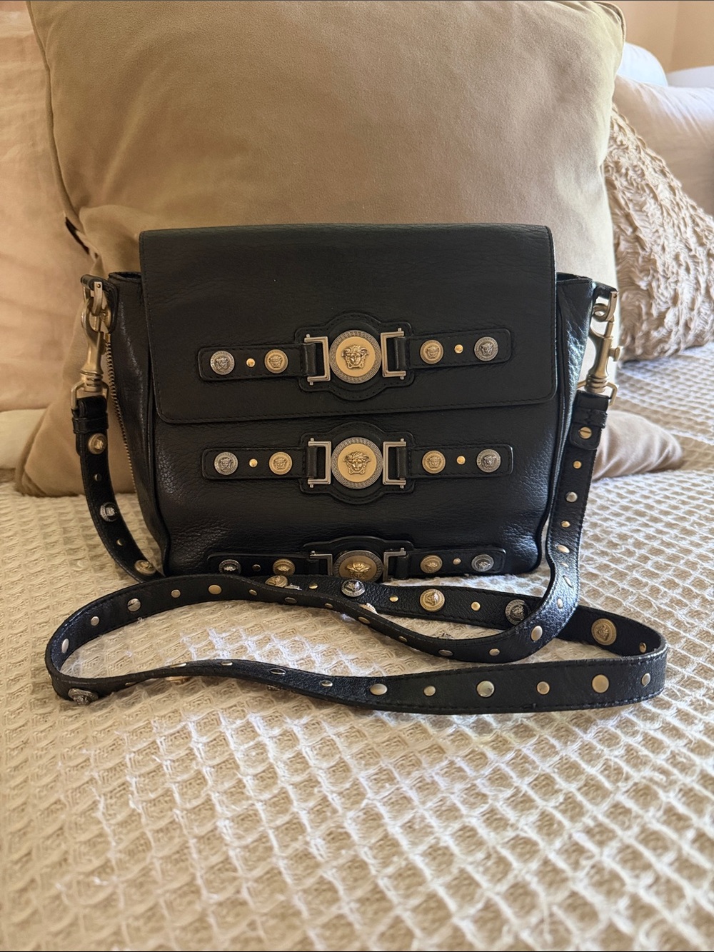 EUC Versace black leather Medusa Studded flap crossbody bag